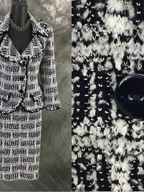 BEAUTIFUL St John knit blue white fringe jacket skirt suit size 8 10